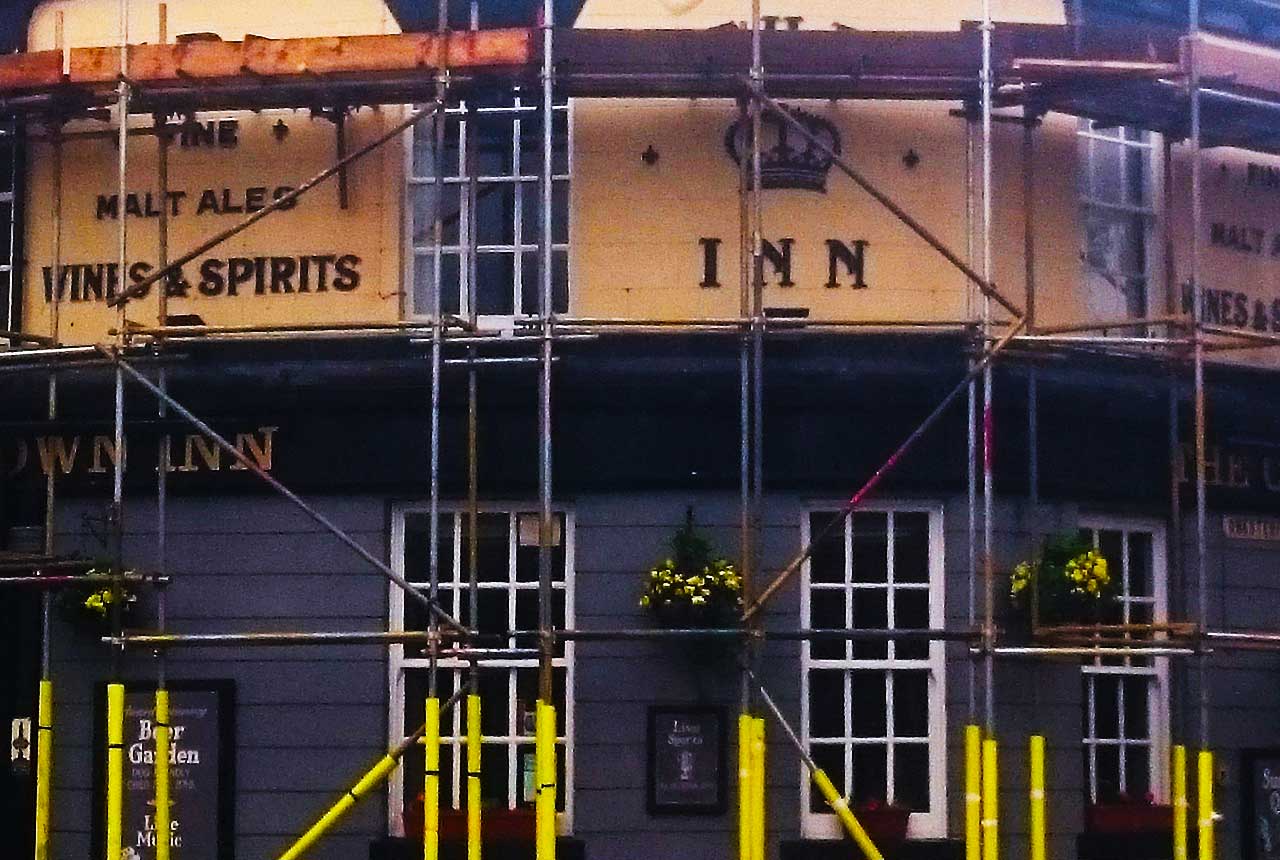 close up center view of a sheffield public house with scaffolding fully erected and signed off by brook scaffolding